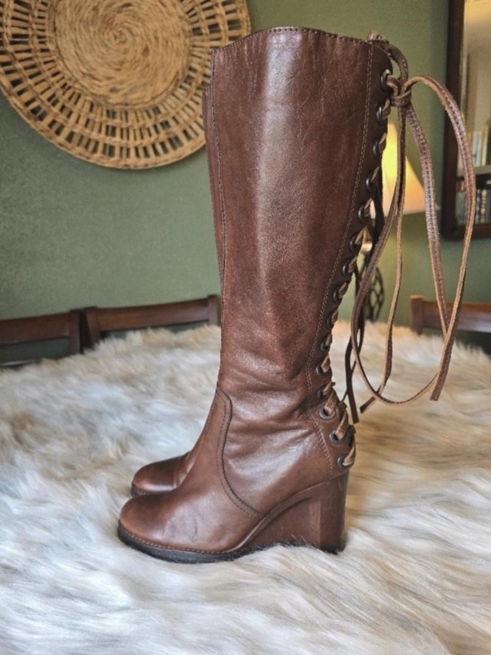 Apepazza Brown Lace-Up Wedge Knee-High Boots